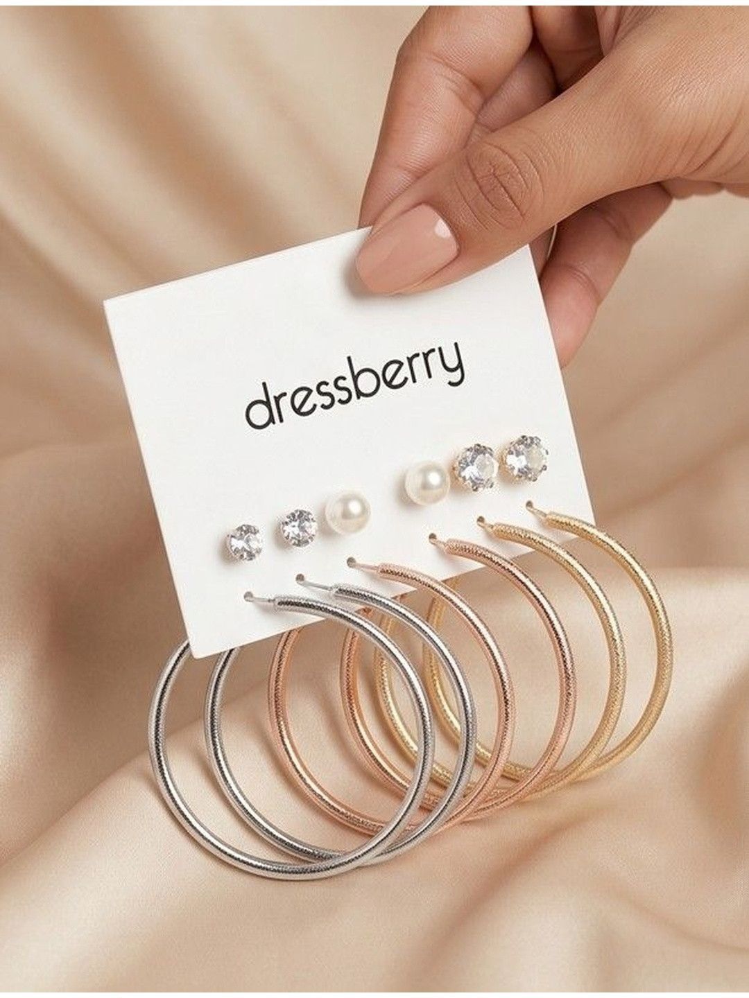 DressBerry Set Of 6 Silver Plated Pearls Beaded Circular Shaped Hoop Earrings-picture-43