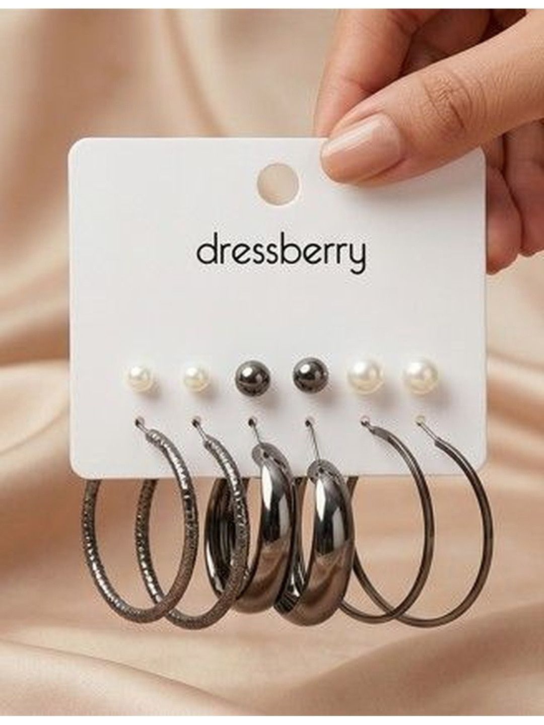 DressBerry Set Of 6 Silver Plated Pearls Beaded Circular Shaped Hoop Earrings-picture-47