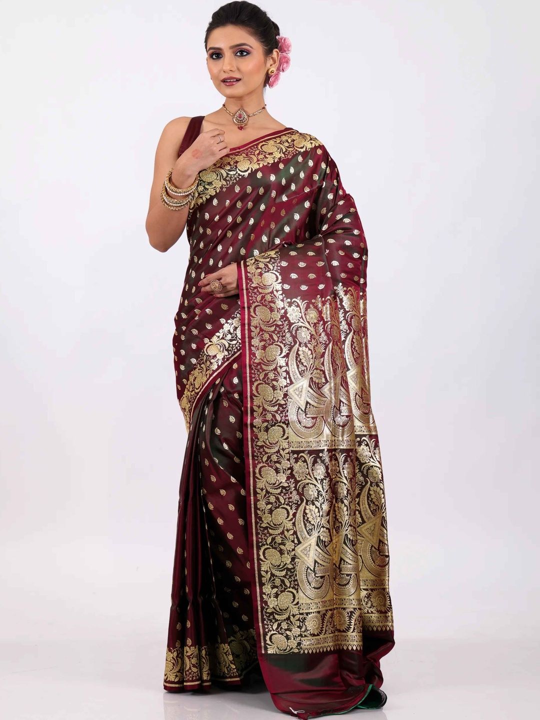 Adi Akshoy & Co. Woven Design Zari Satin Heavy Work Saree-image-4