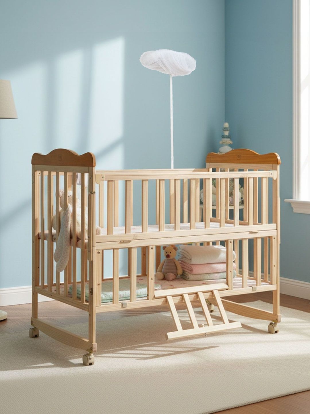 MeeMee Wooden Baby Cradle With Storage Shelf & Wheels-image-29