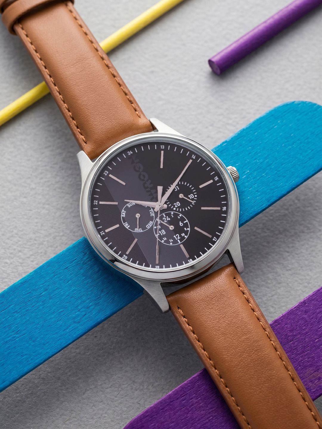 WROGN Men Printed Chronograph Dial & Leather Straps Analogue Watch 2502BLO46-image-29