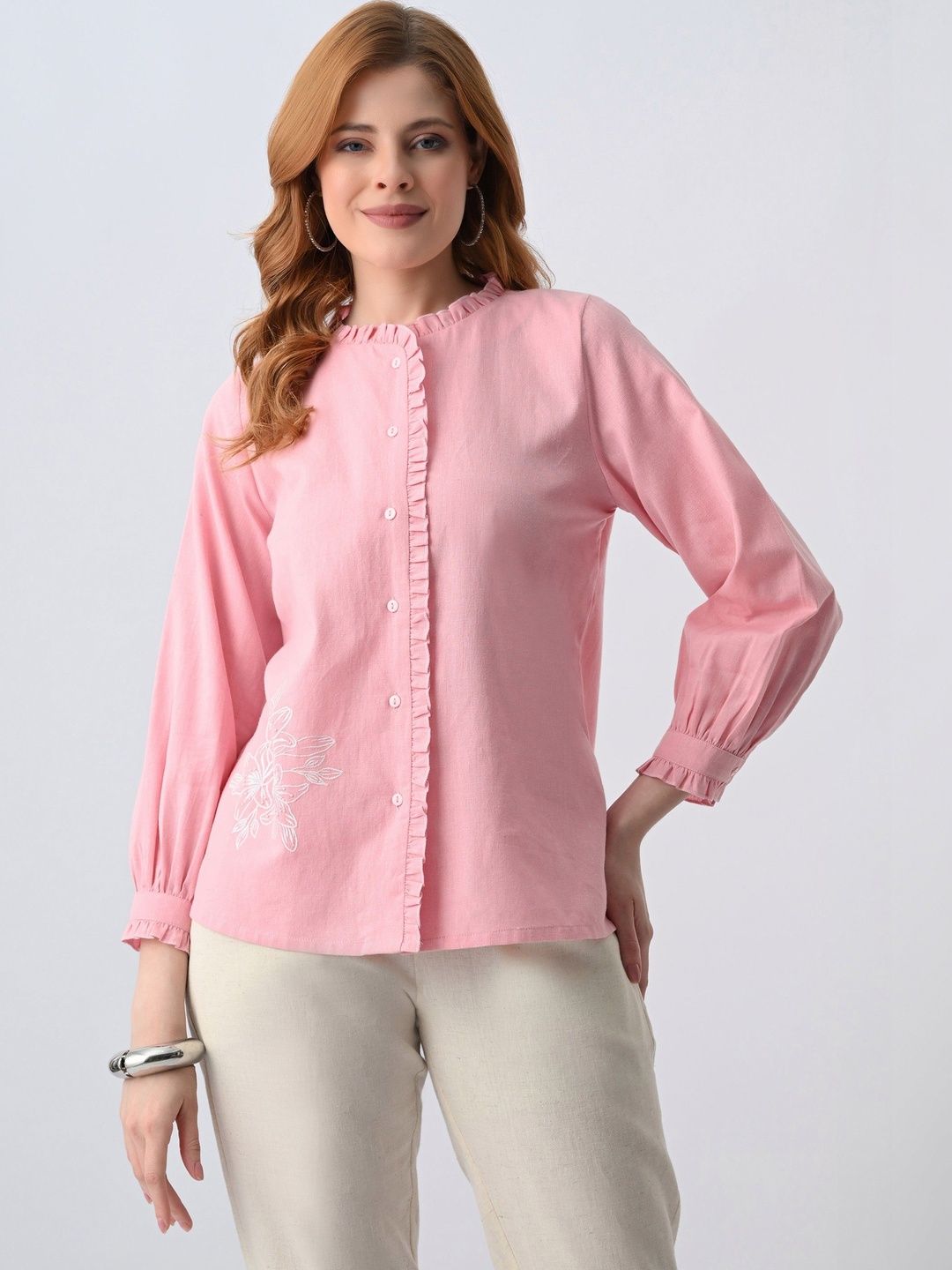 ALL WAYS YOU Floral Embroidered Mandarin Collar Ruffles Cotton Top-picture-38