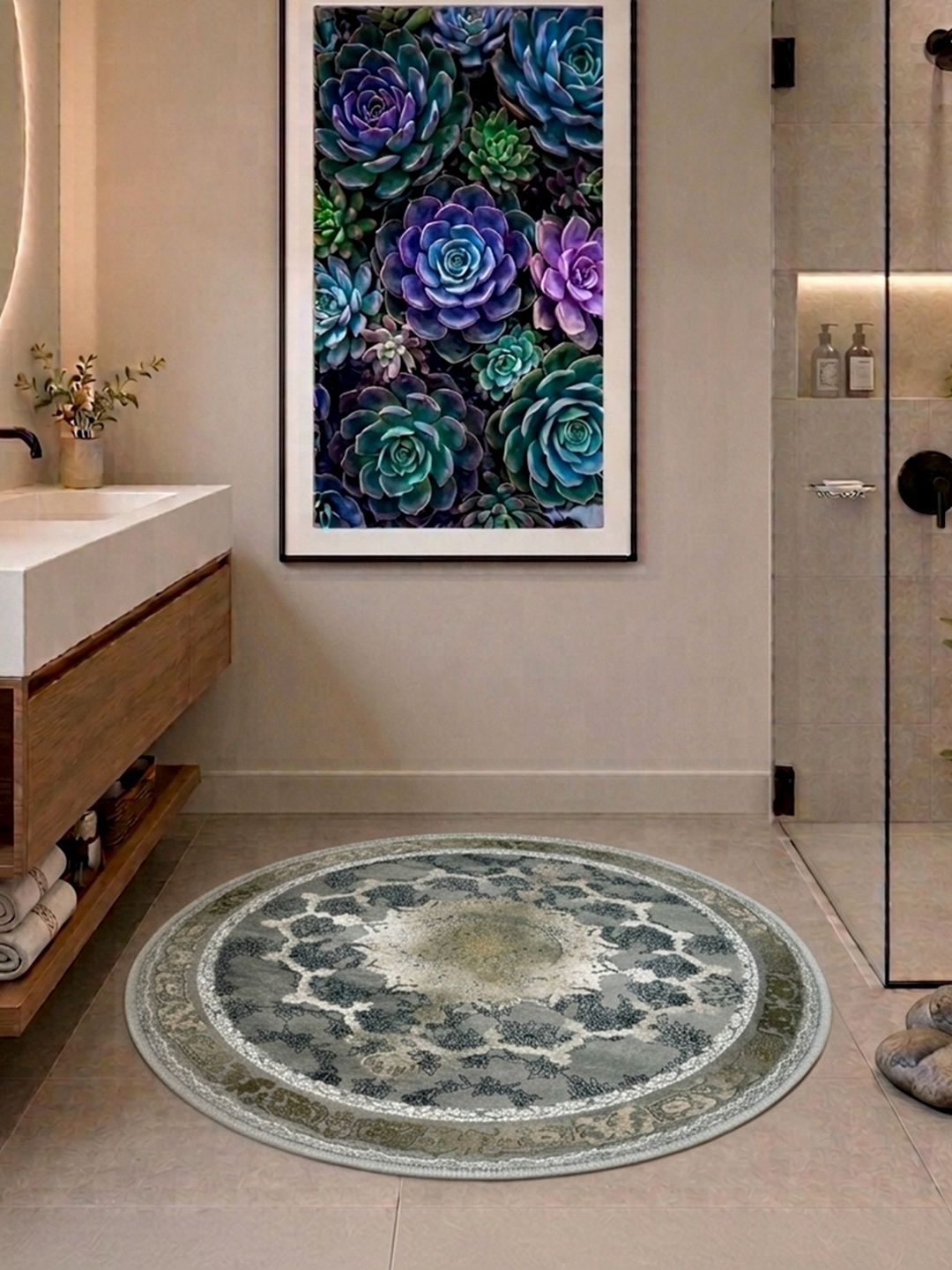 Datch Grey & White Printed Velvet Round Door Mat-image-37