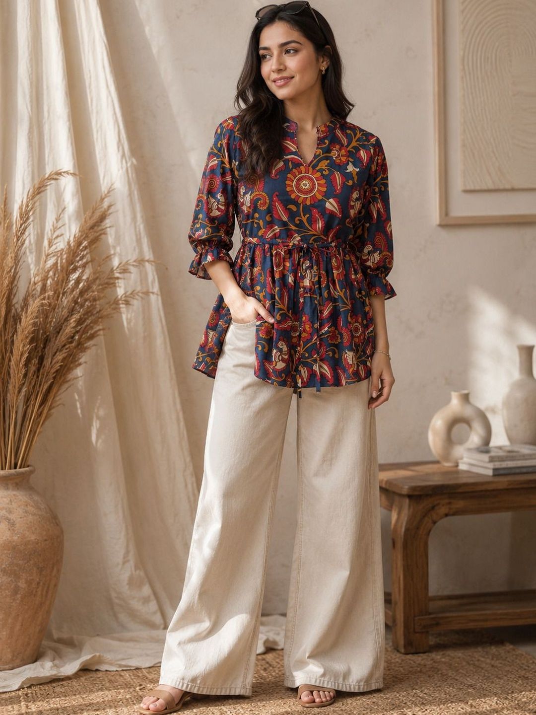 Sangria Print Flared Sleeve Ethnic Cotton Peplum Top-image-34