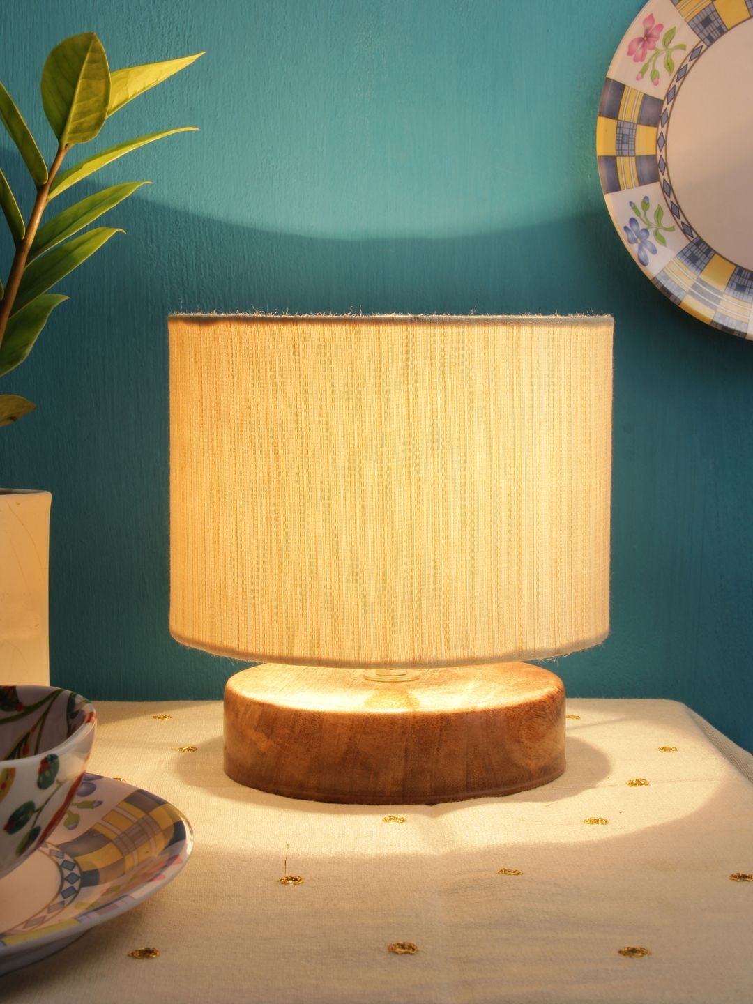 Aura Off White Textured Wood Cylindrical Shaped Table Lamp-image-46