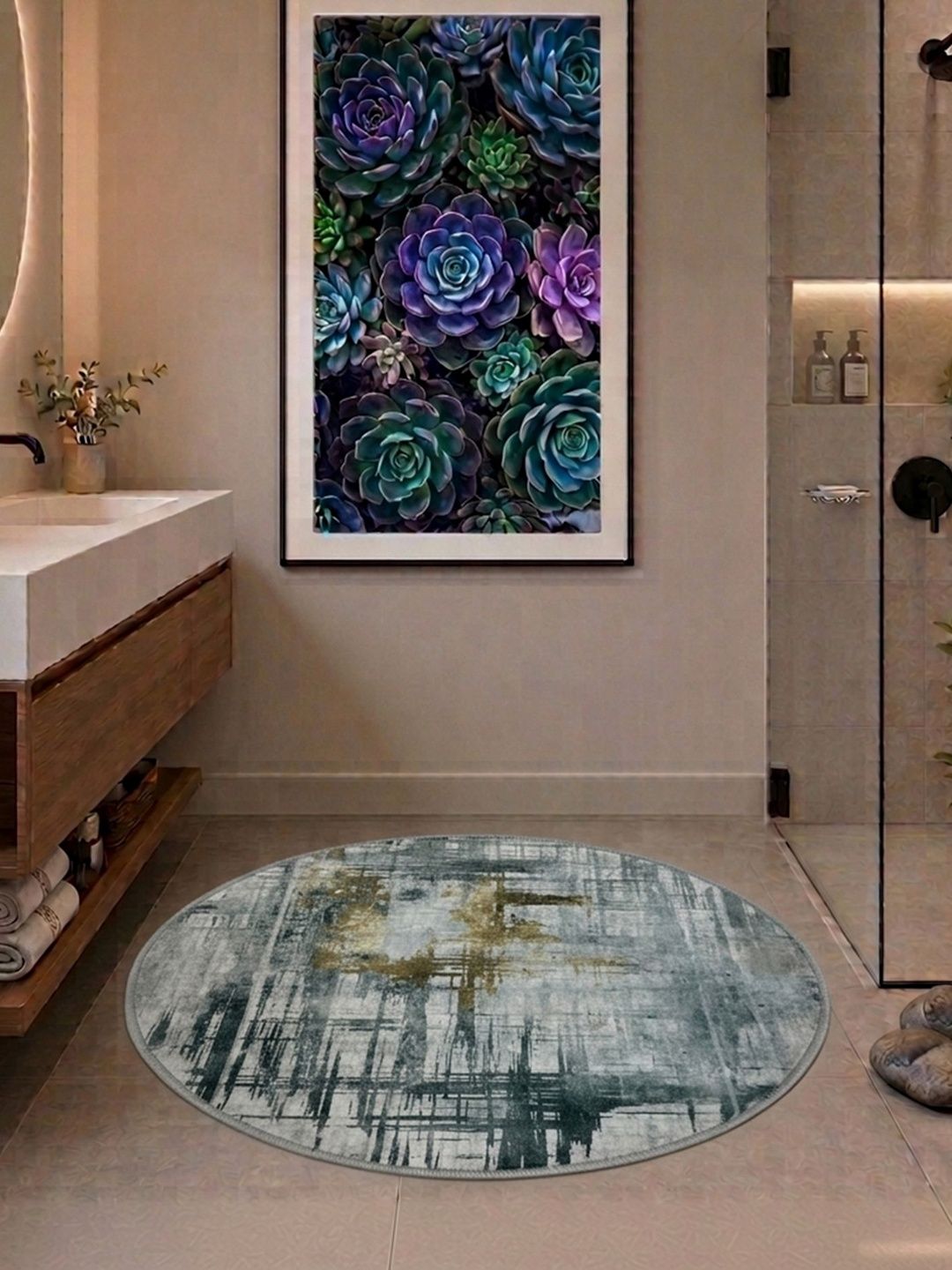 Datch Black & White Printed Velvet Round Door Mat-image-23