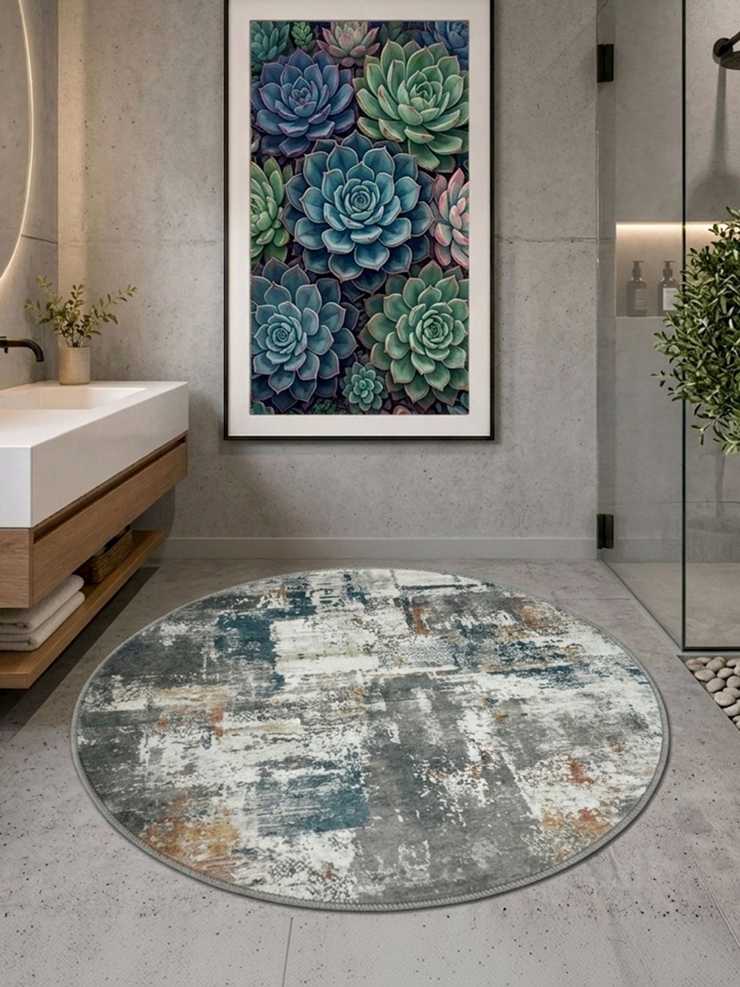 Datch Grey & White Printed Velvet Round Door Mat-image-21