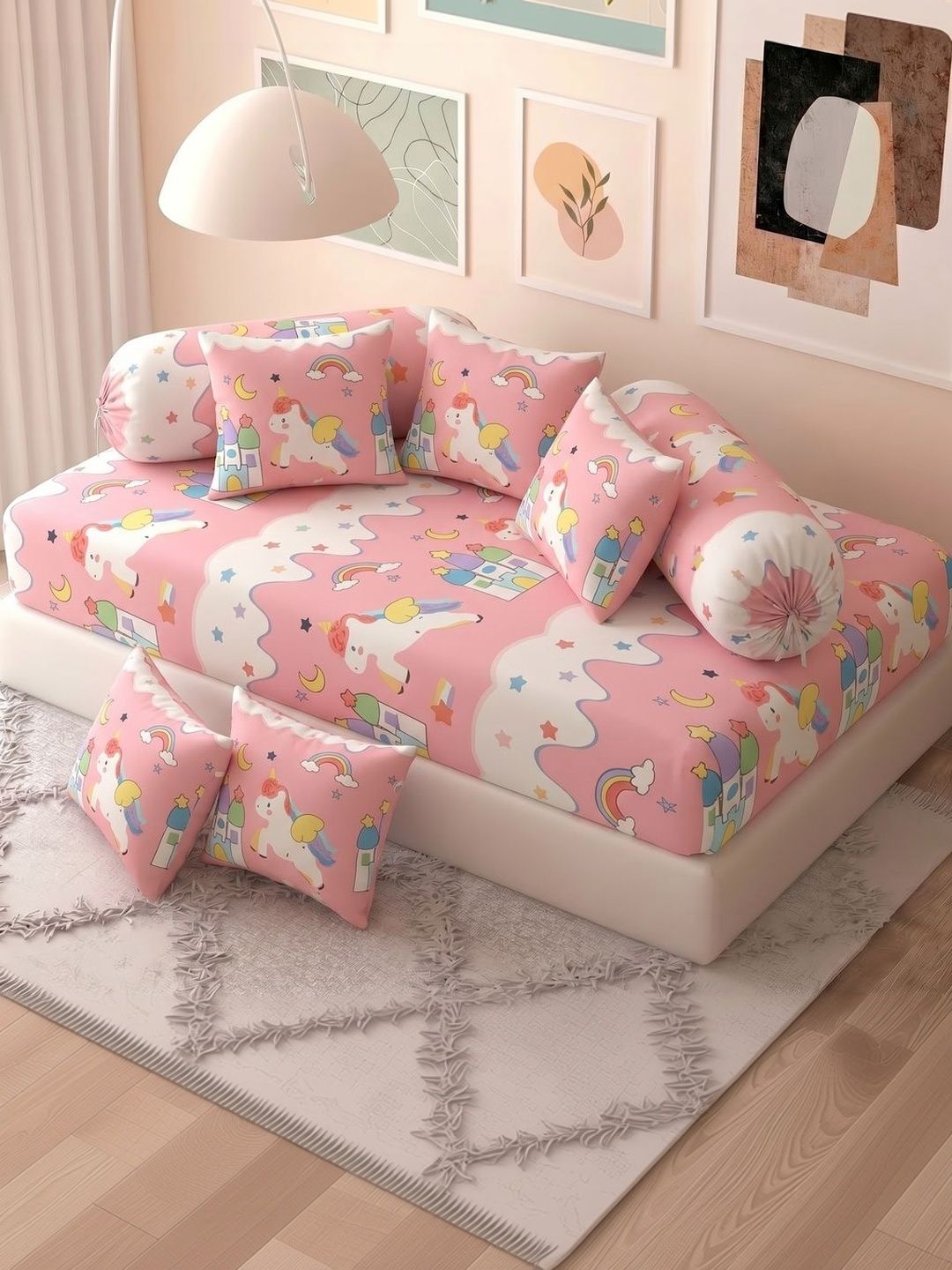 Filymore Peach & White Printed 8-Pcs Diwan Set-image-5
