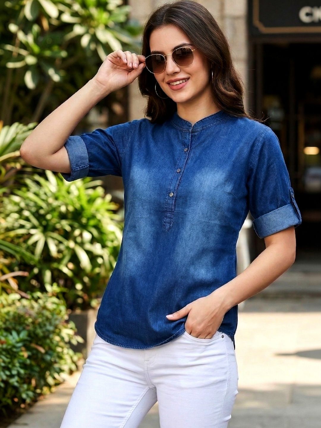 ANMOL FASHION Mandarin Collar Roll-Up Sleeves Denim Top-image-47