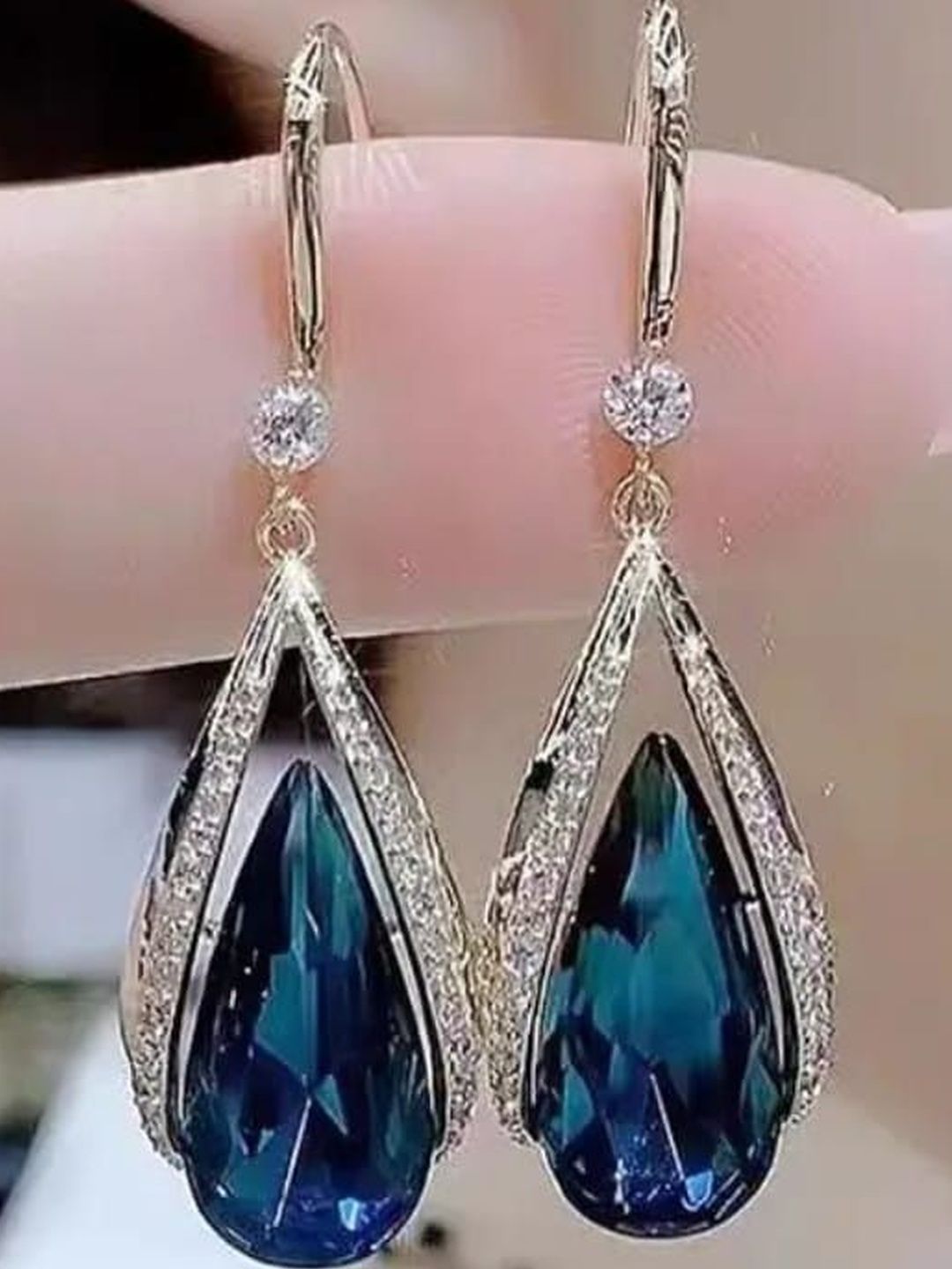 SZN Gold-Plated Artificial Stones Studded Teardrop Shaped Drop Earrings-picture-19