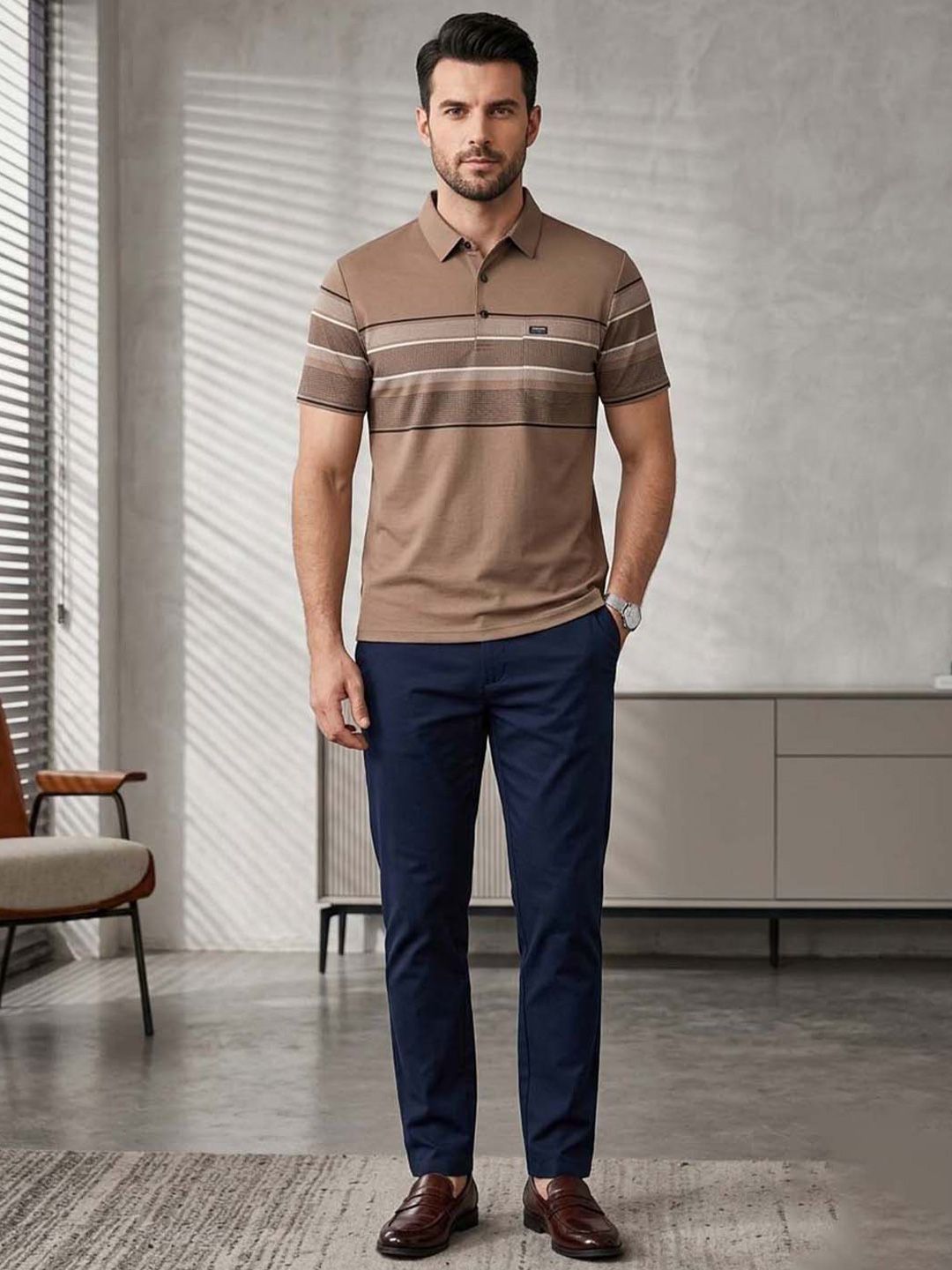 Moda Rapido Men Striped Polo Collar Pockets T-shirt-picture-26