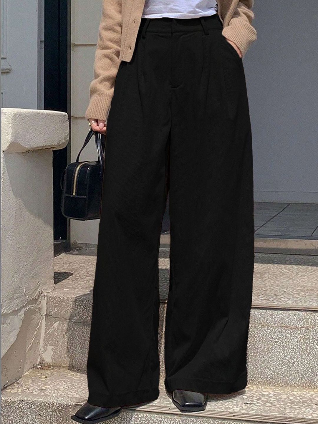 Stylecast X Kotty Women Relaxed Straight Leg Loose Fit High-Rise Wrinkle Free Corduroy Pleated Trousers-picture-32