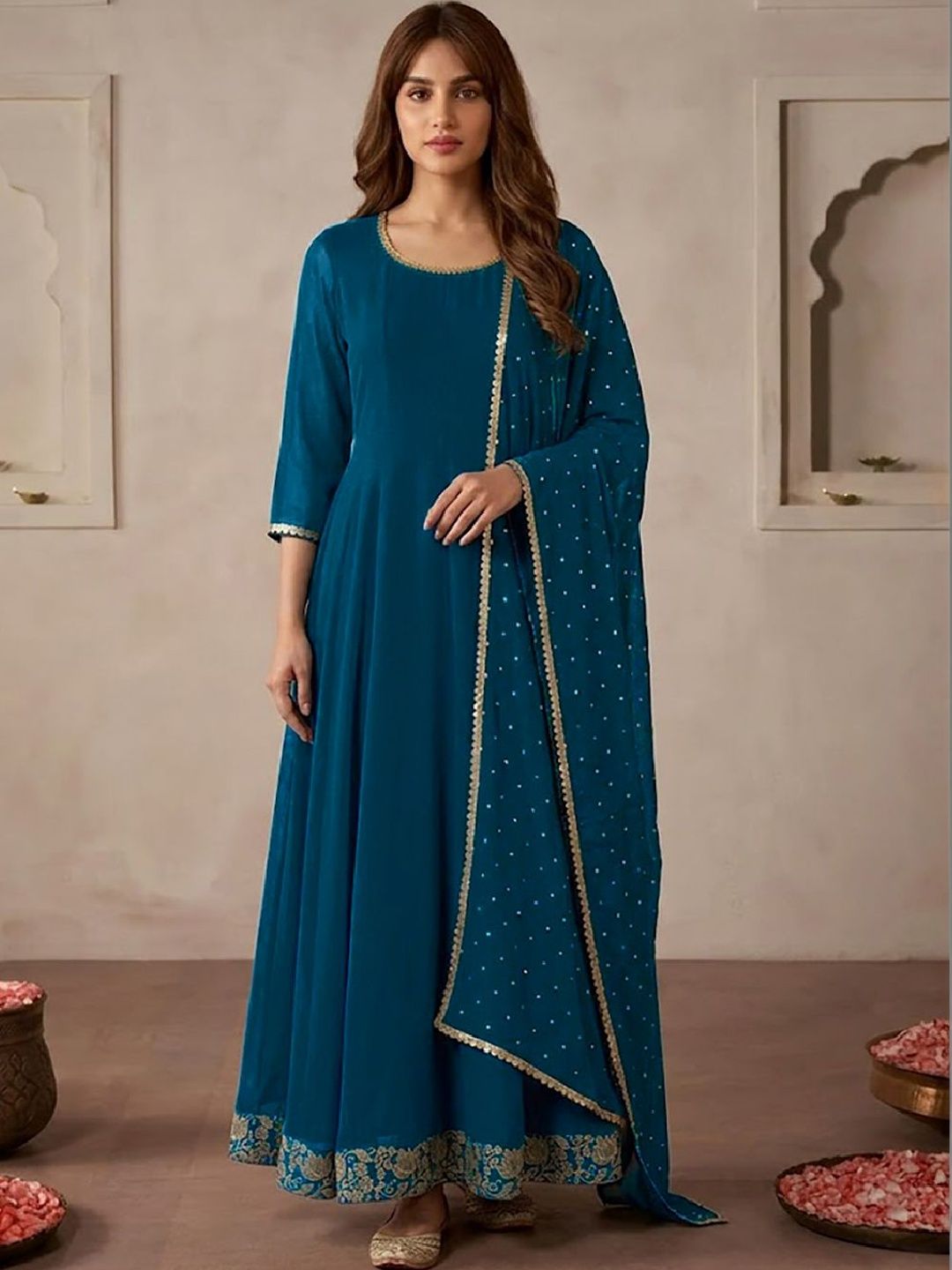 Sangria Embroidered Round Neck A-Line Ethnic Dresses-picture-28