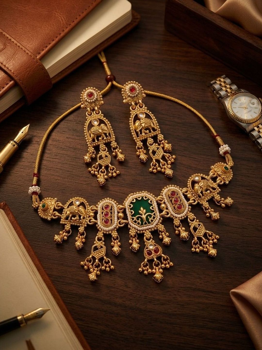TSF Jewellery Gold-Plated Stone-Studded & Beaded Jewellery Set