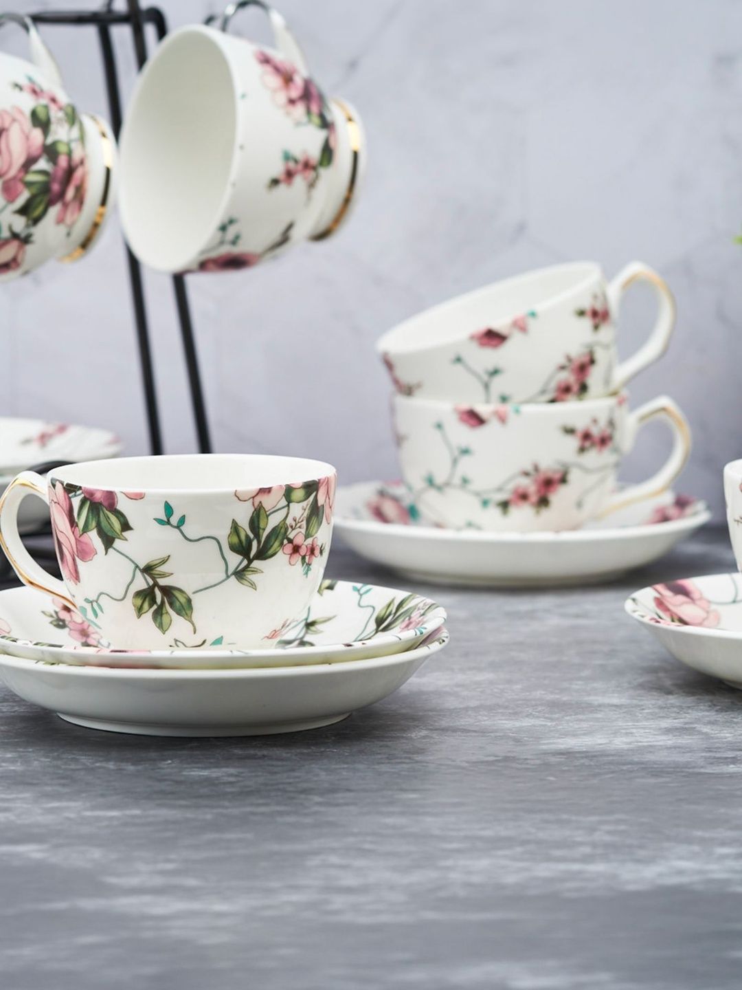 GOLDEN QUEEN'S Pink Floral Printed Ceramic Glossy Cups Set of Cups and Mugs-image-19