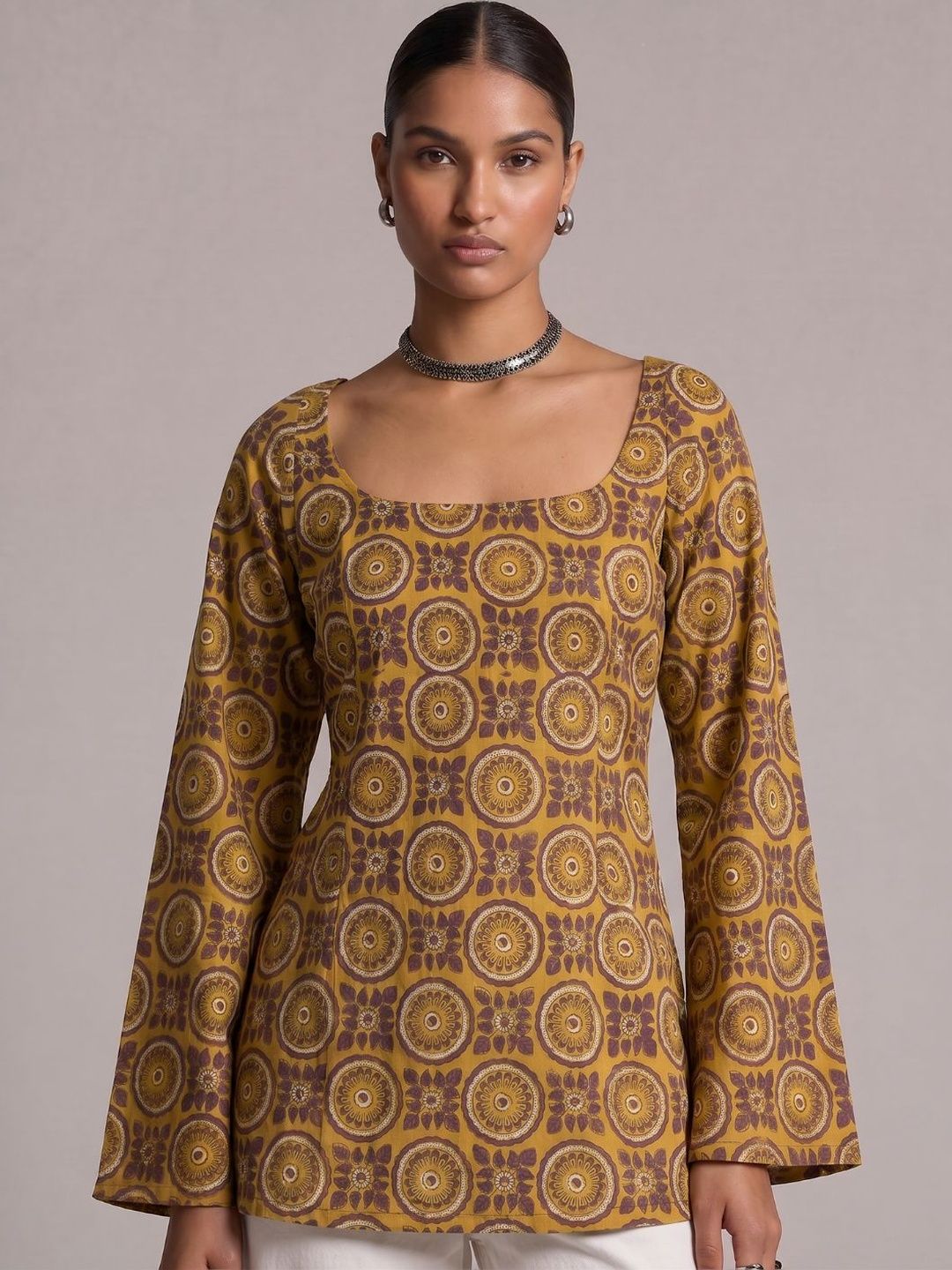 NISHORAMA Ethnic Motifs Printed Square Neck Flared Sleeves Pure Cotton Kurti-picture-17