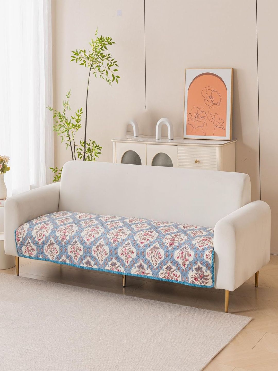 HOUSE OF QUIRK Blue & Blue Printed Sofa Cover Without Arms-image-29
