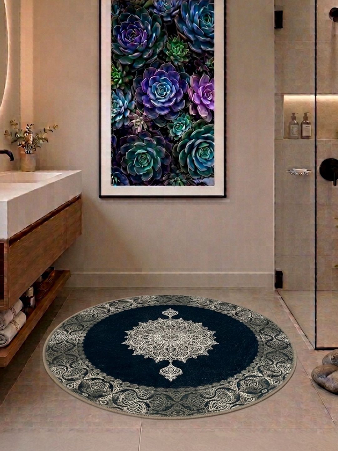 Datch Black & White Printed Velvet Round Door Mat-image-18