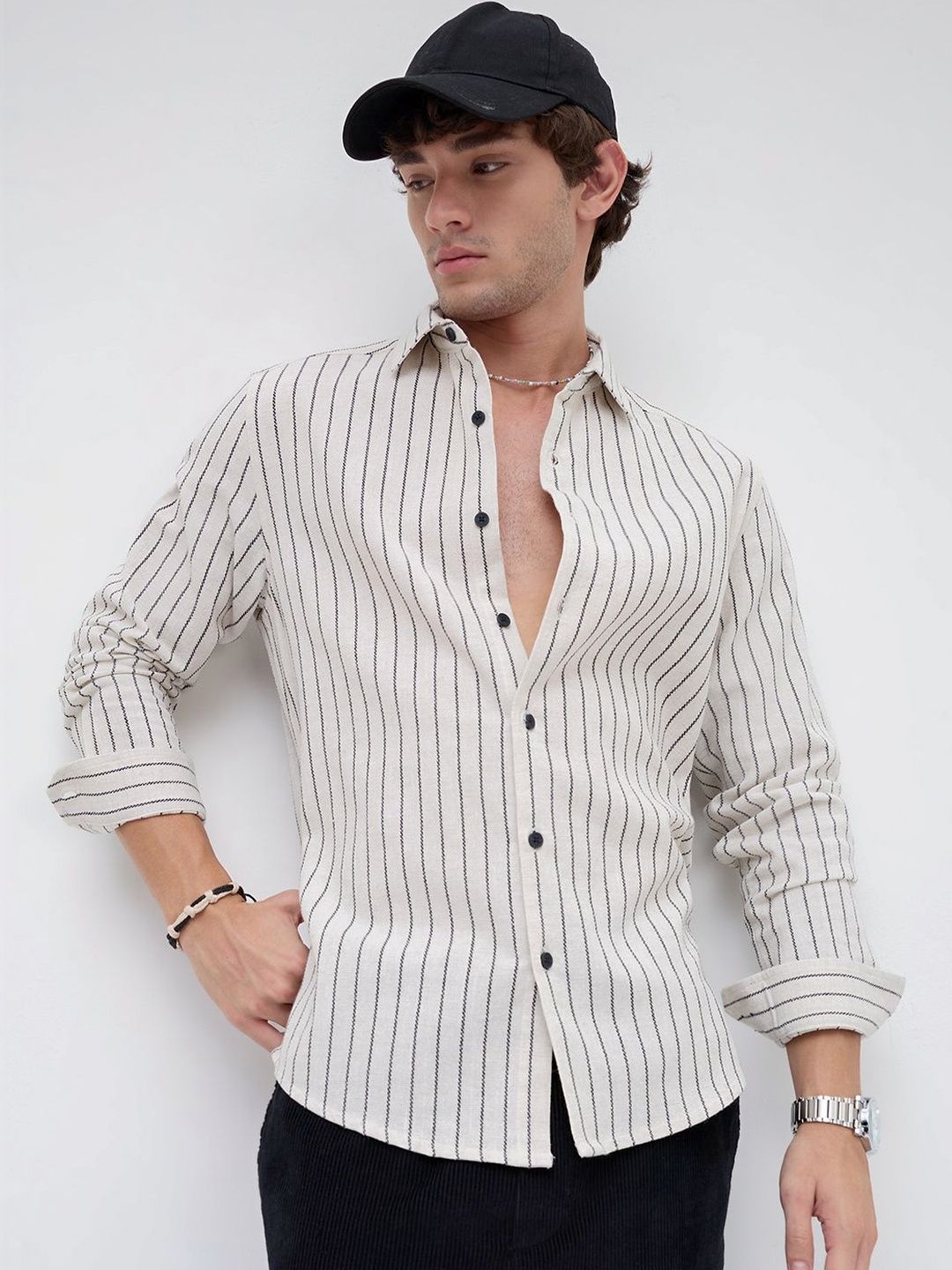 VASTRADO Black & Ivory Saddle Weave Contrast Stripe Shirt-picture-18
