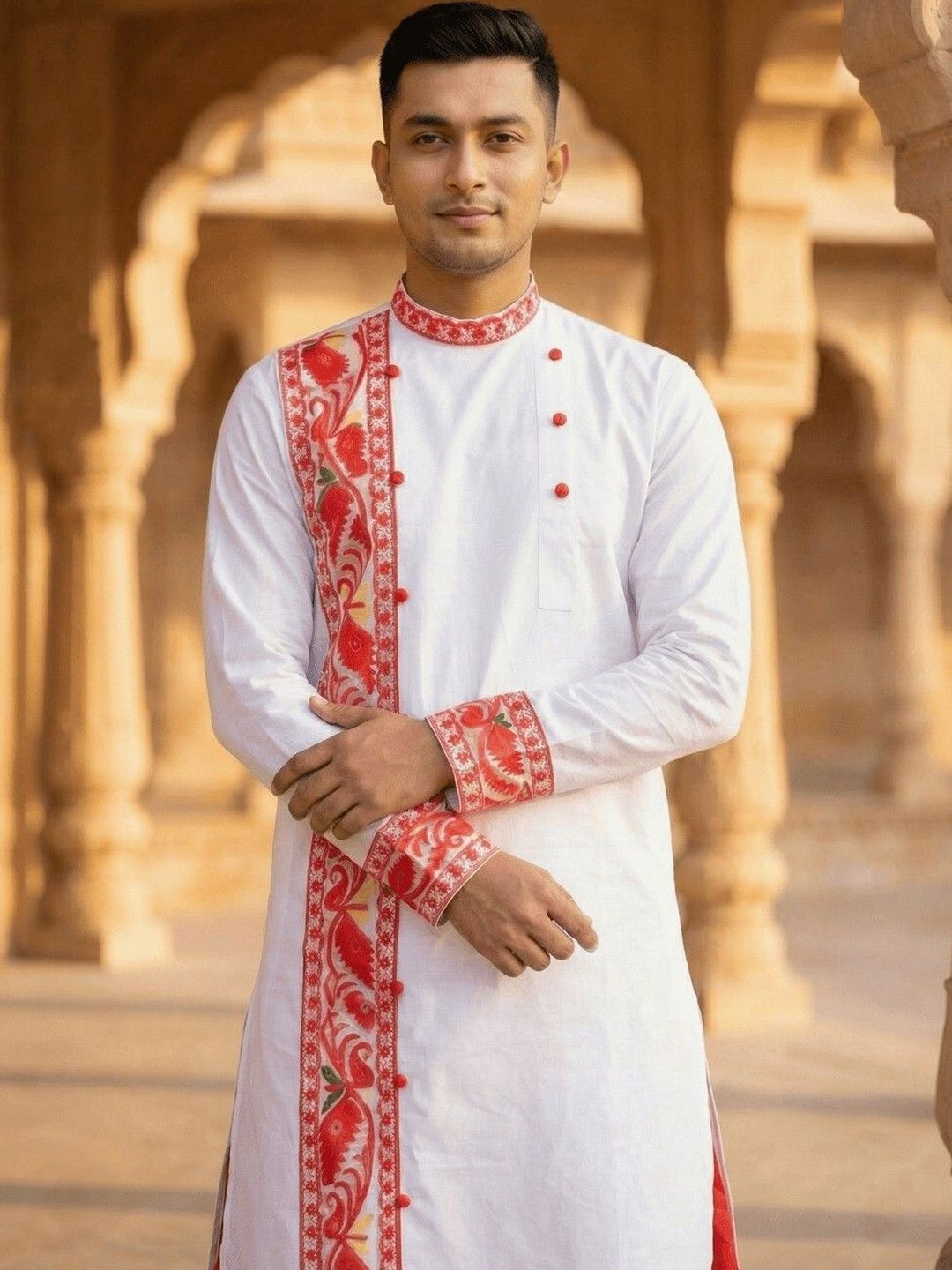 GOURI COLLECTIONS Men Ethnic Motifs Embroidered Thread Work Indie Prints Kurta-image-9