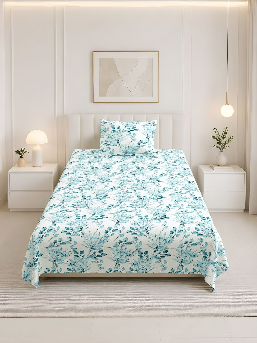 BELLA CASA Blue & White Floral 180 TC Single Bedsheet with 1 Pillow Covers-picture-26