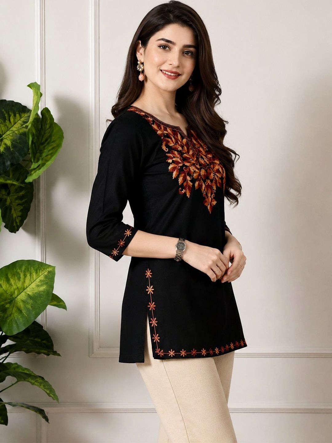 KALINI Ethnic Motifs Embroidered V-Neck Thread Work Pure Cotton Thread Work Kurti-picture-57