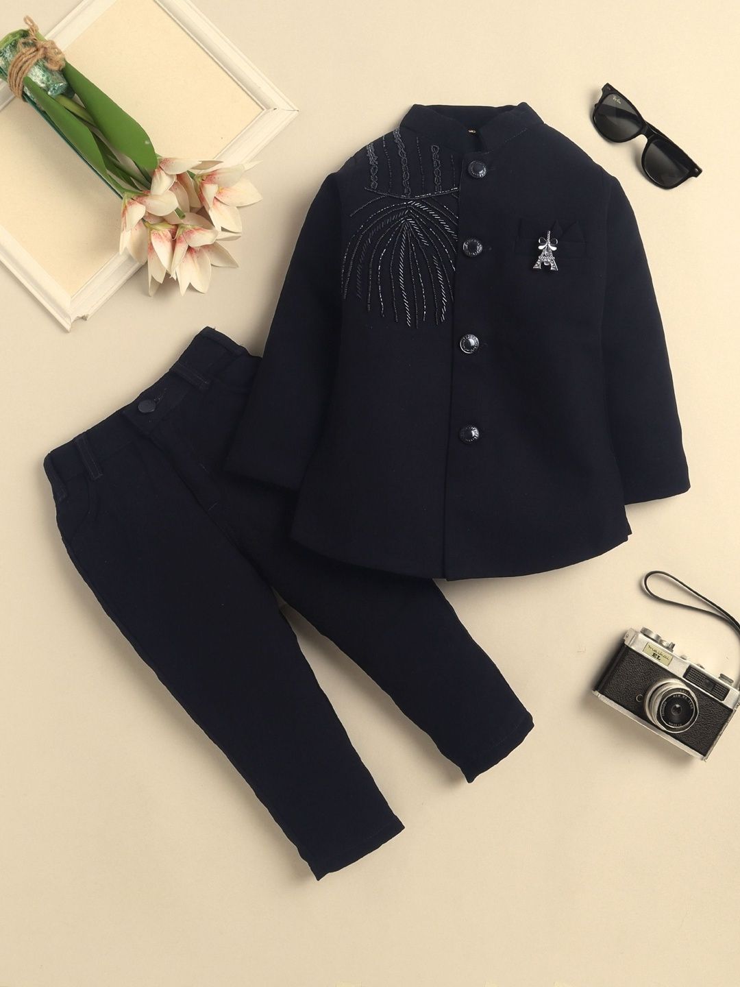 Sangria Boys Embellished Mandarin Collar Sherwani Set-image-49