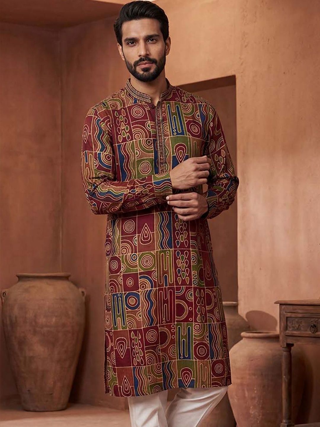 House of Pataudi Men Printed Mandarin Collar Straight Kurta-picture-30