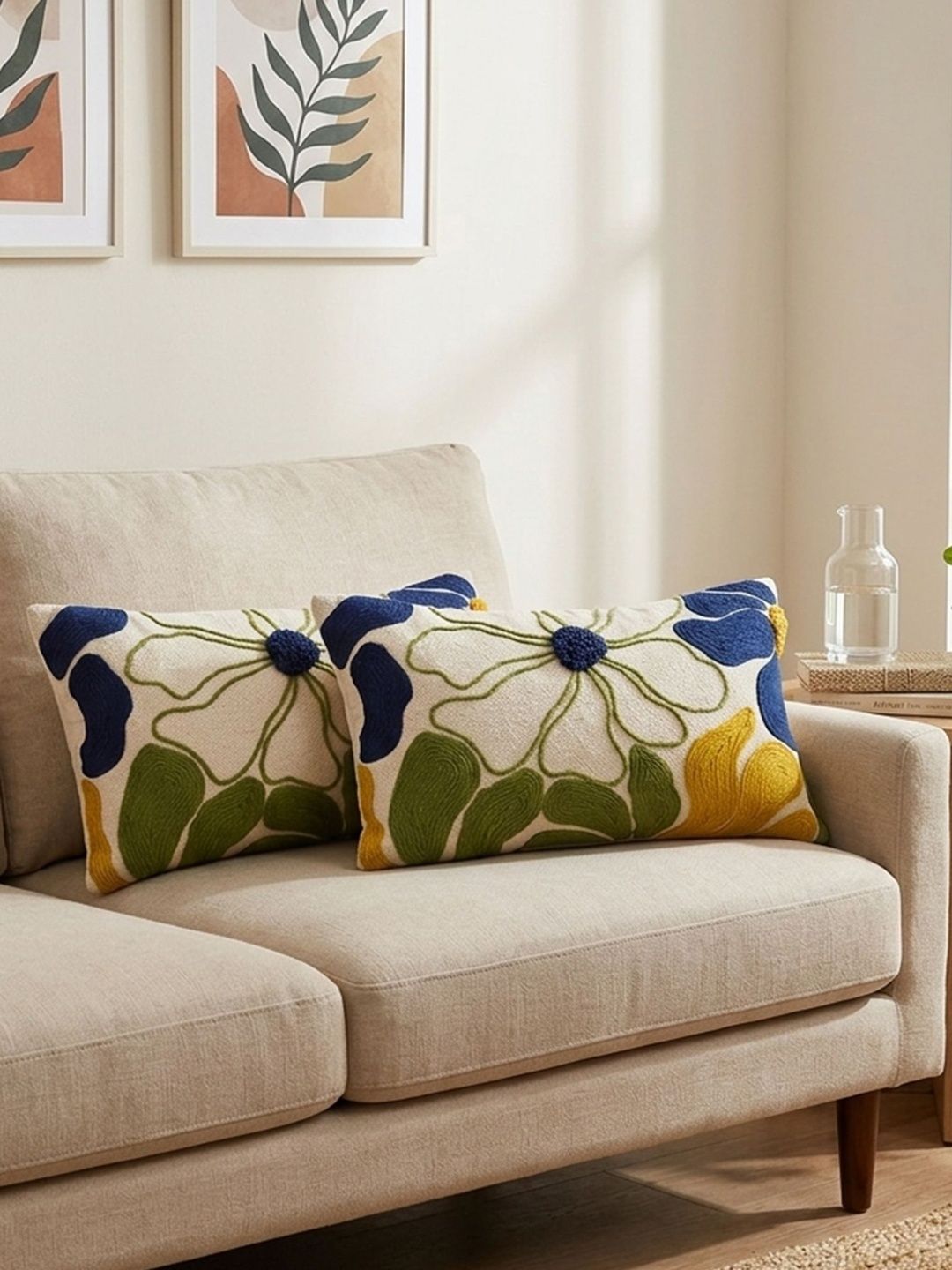 ANWYN Beige & Blue Set of 2 Floral Rectangle Cushion Covers-picture-31