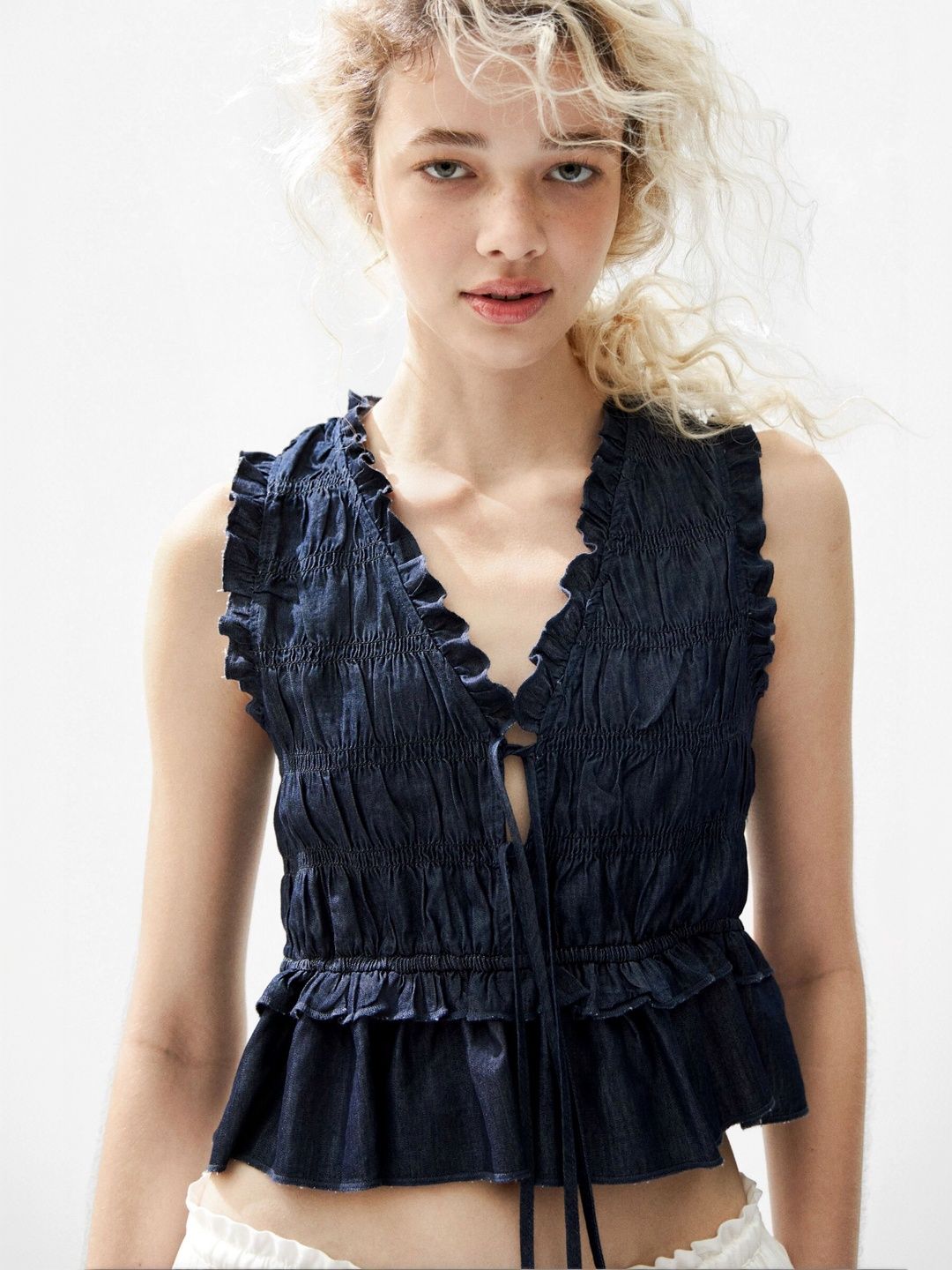 H&M Blue Smocked Denim Top-picture-34