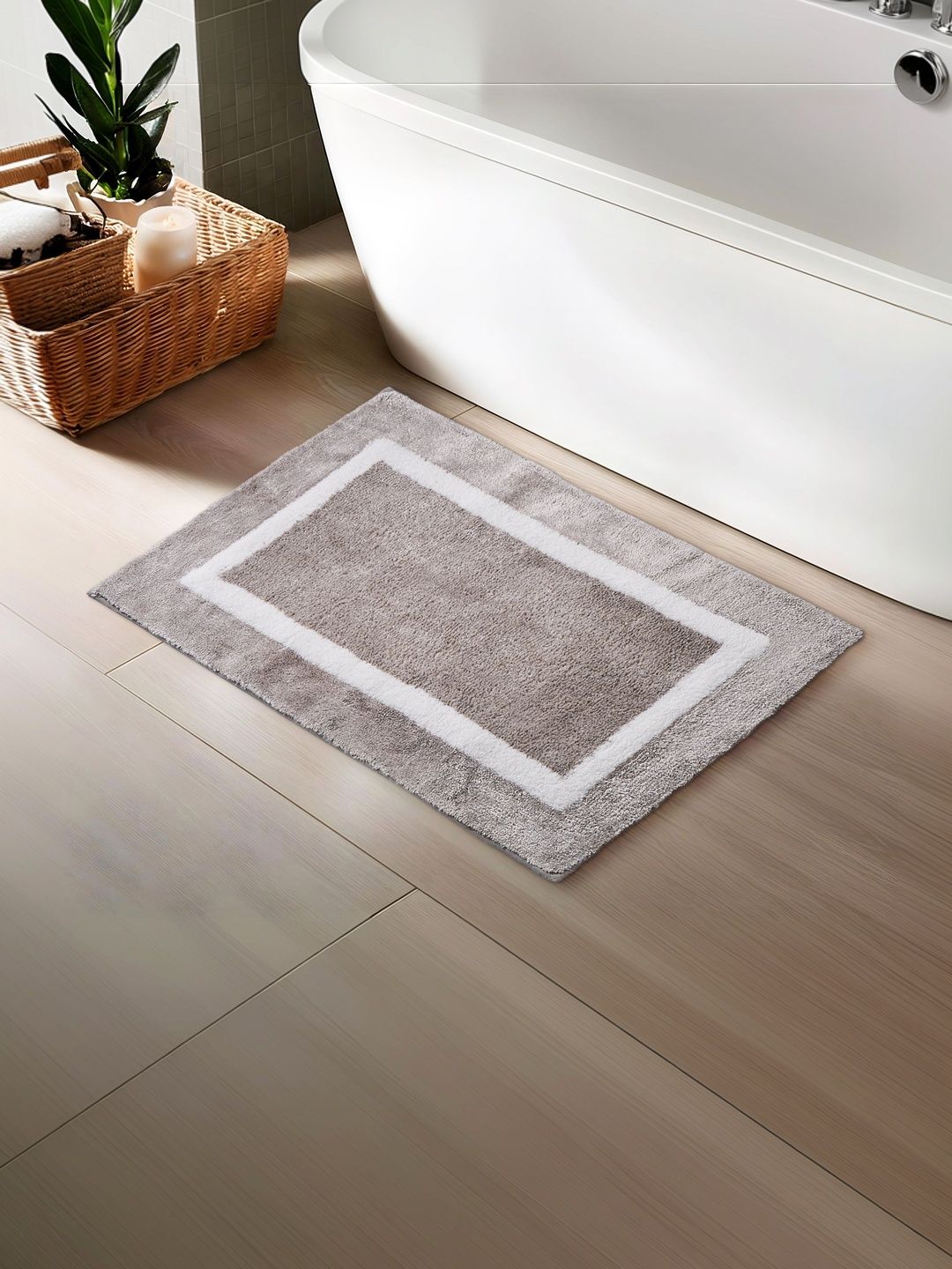Home Centre Grey & White Self-Design Anti-Slip Bath Rug-image-5