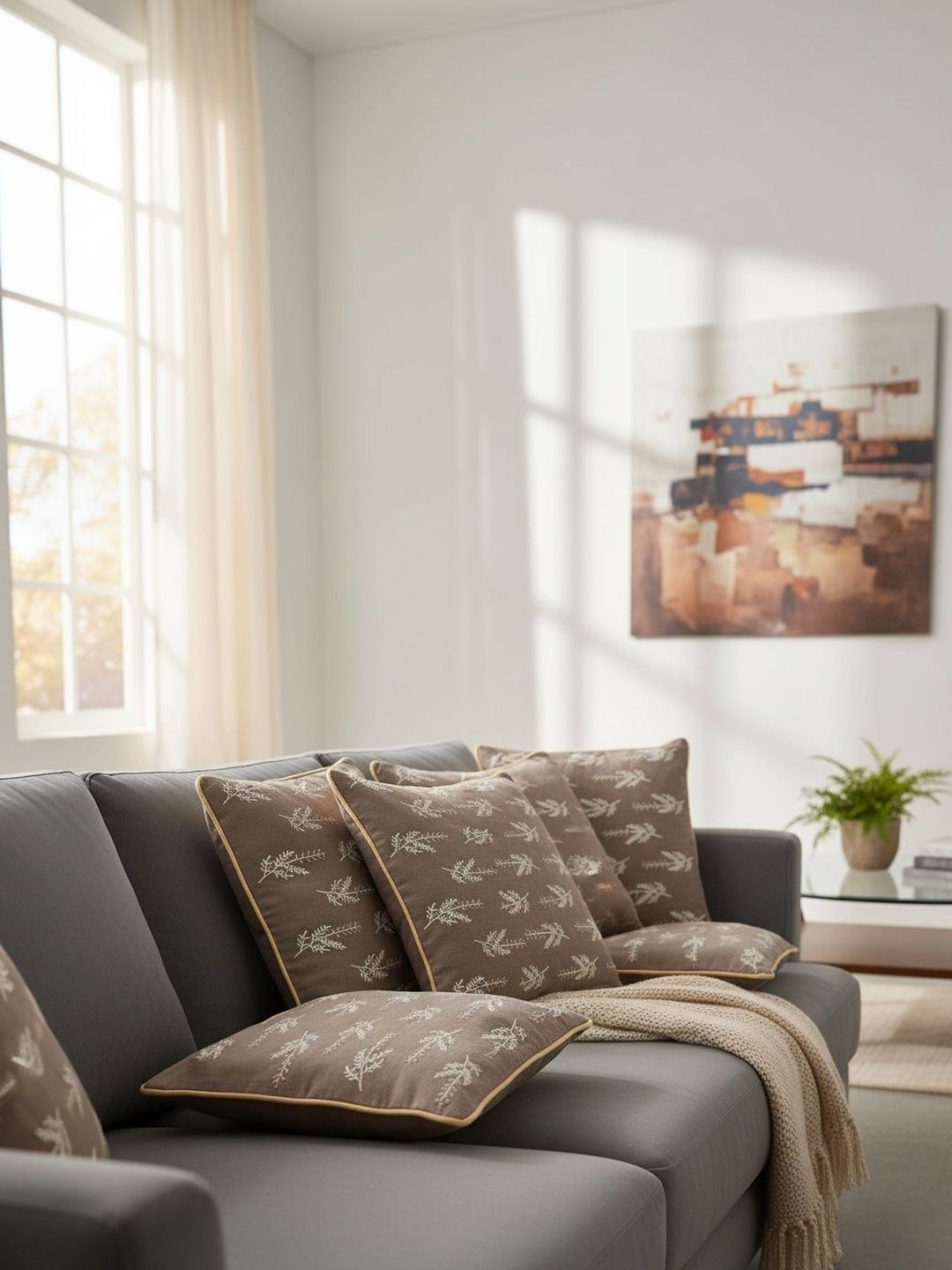 Themes Furnishings & Decor Brown Set of 5 Floral Square Cushion Covers-image-8