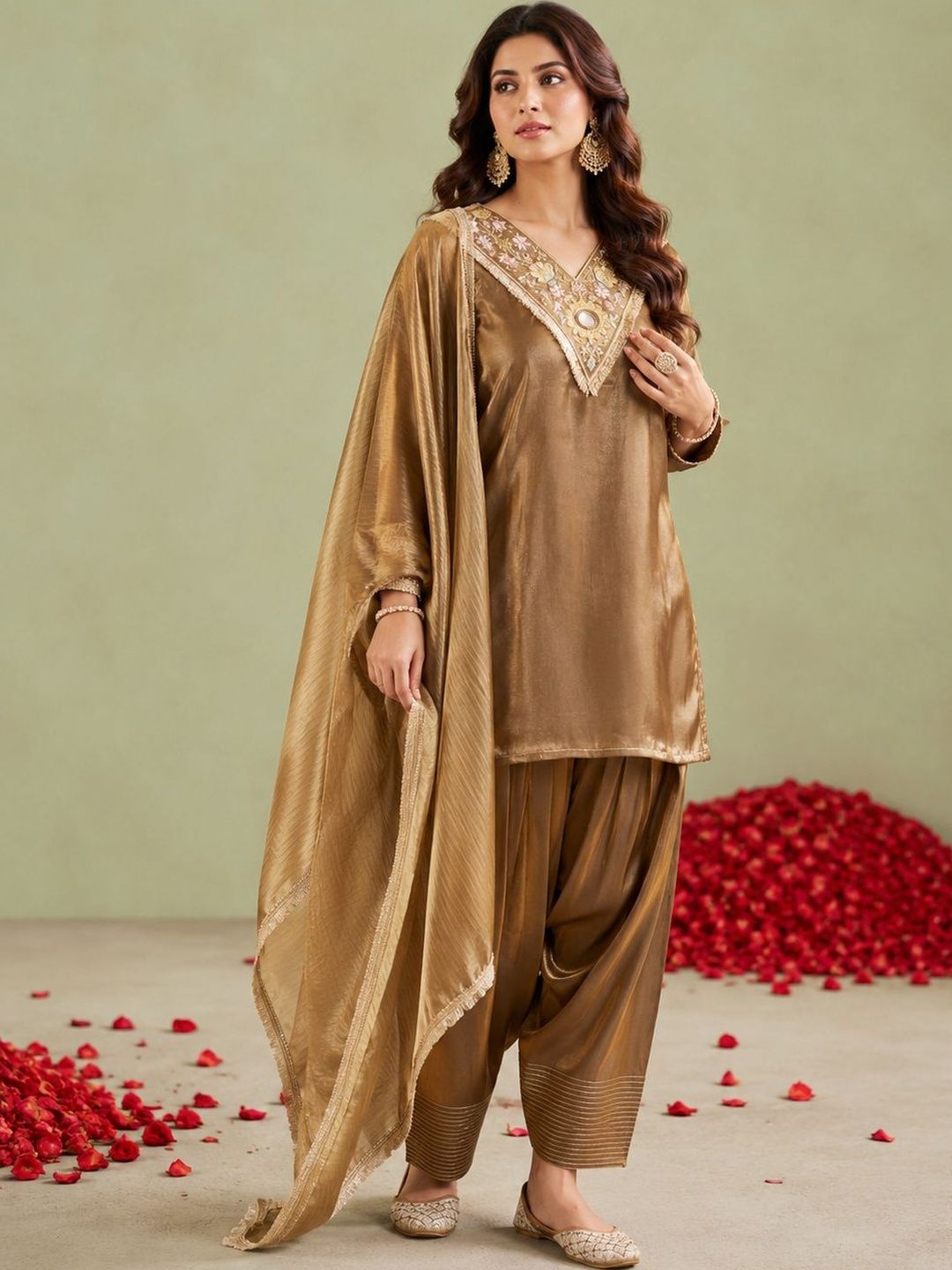 MOKOSH Women Silk Embroidered Mirror work Kurti and Farsi Pant Set with Dupatta-picture-13