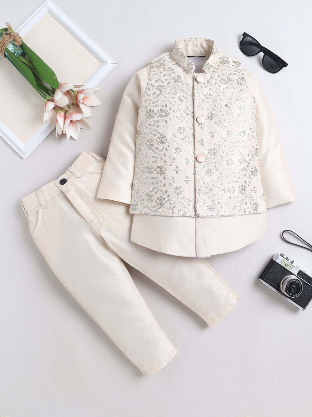 KALINI Boys Embroidered Mandarin Collar Sherwani-picture-31