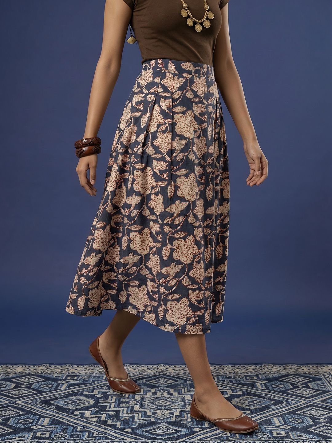 Taavi Women Kalamkari Pure Cotton Floral Midi A-Line Skirt-picture-42