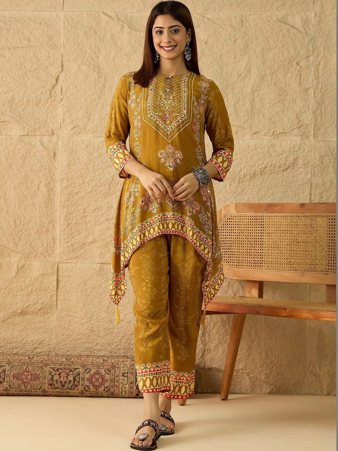 Inddus Floral Silk Embroidered Tunic with Trousers-picture-57