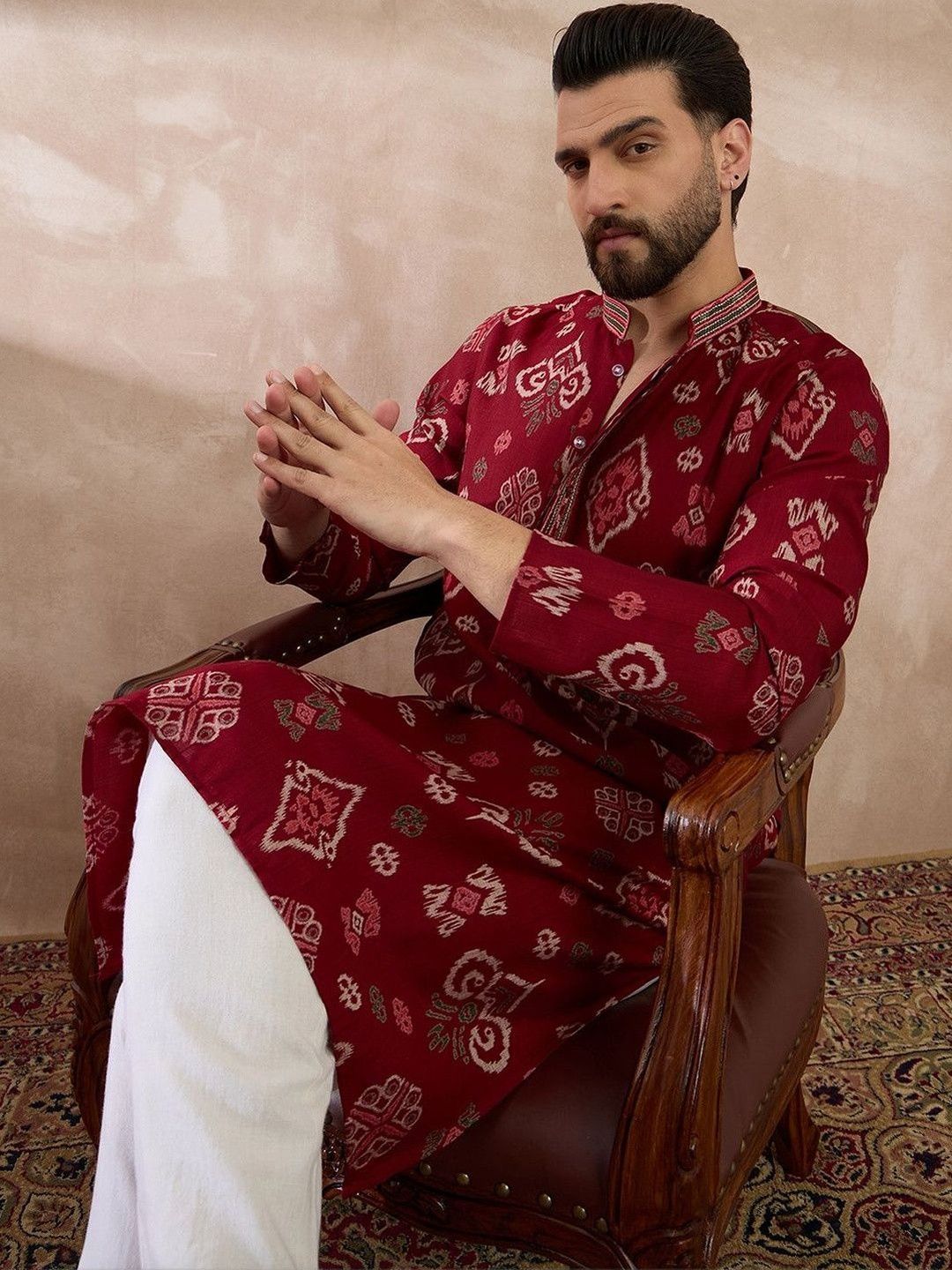 House of Pataudi Printed Mandarin Collar Kurta & Pyjamas-image-5