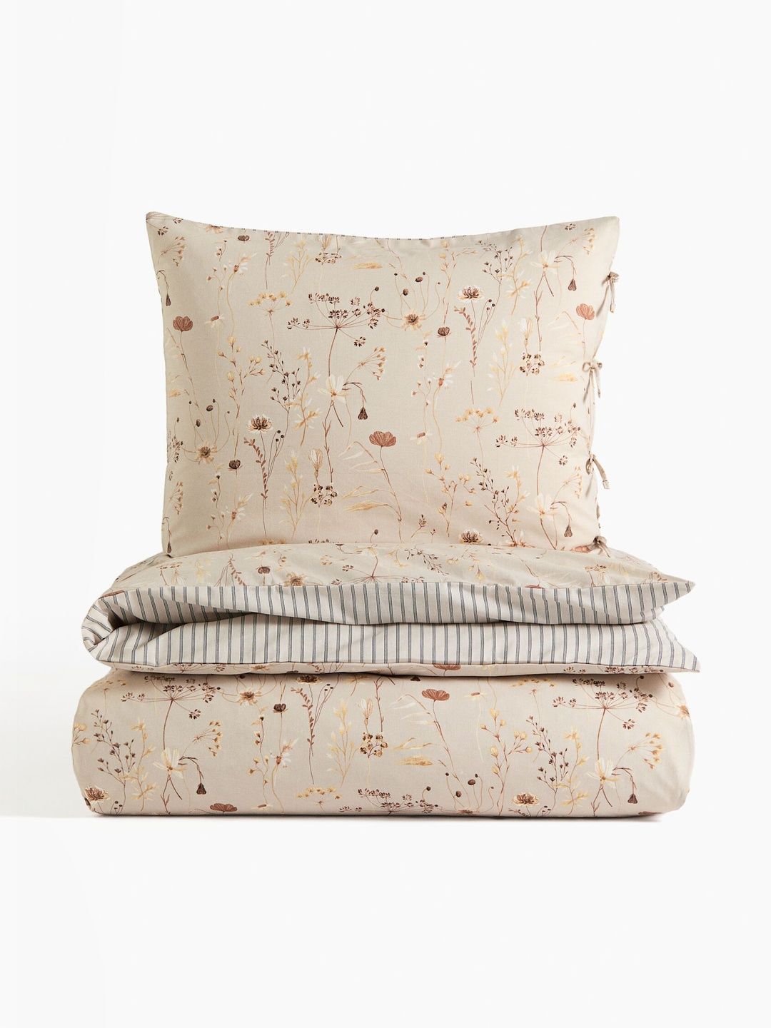 H&M Beige & Brown Floral Printed Duvet Cover Set-image-1