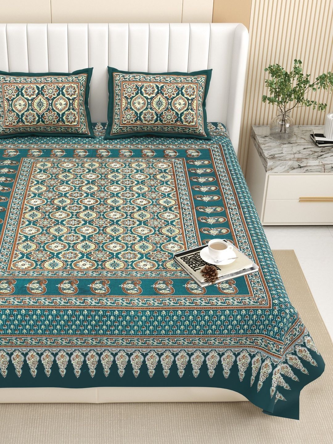 BELLA CASA Green & Multicoloured Ethnic Motifs 180 TC King Bedsheet with 2 Pillow Covers-image-25