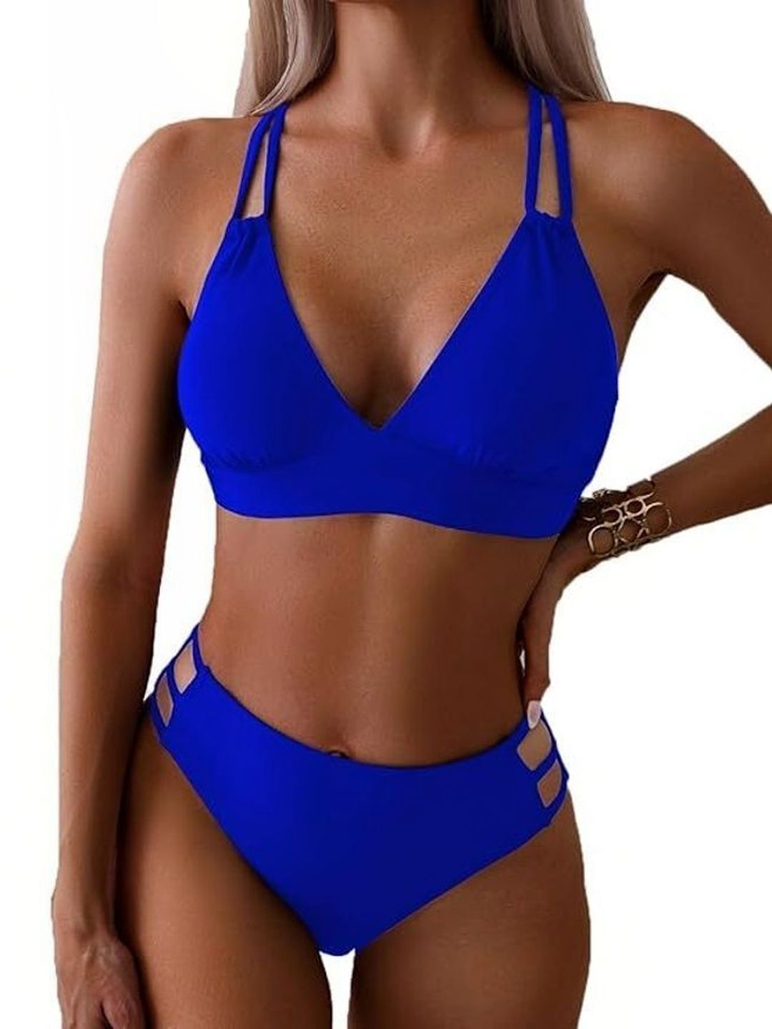 new taj fashion Blue V-Neck Medium Coverage Solid Swim Bikini Set-image-27