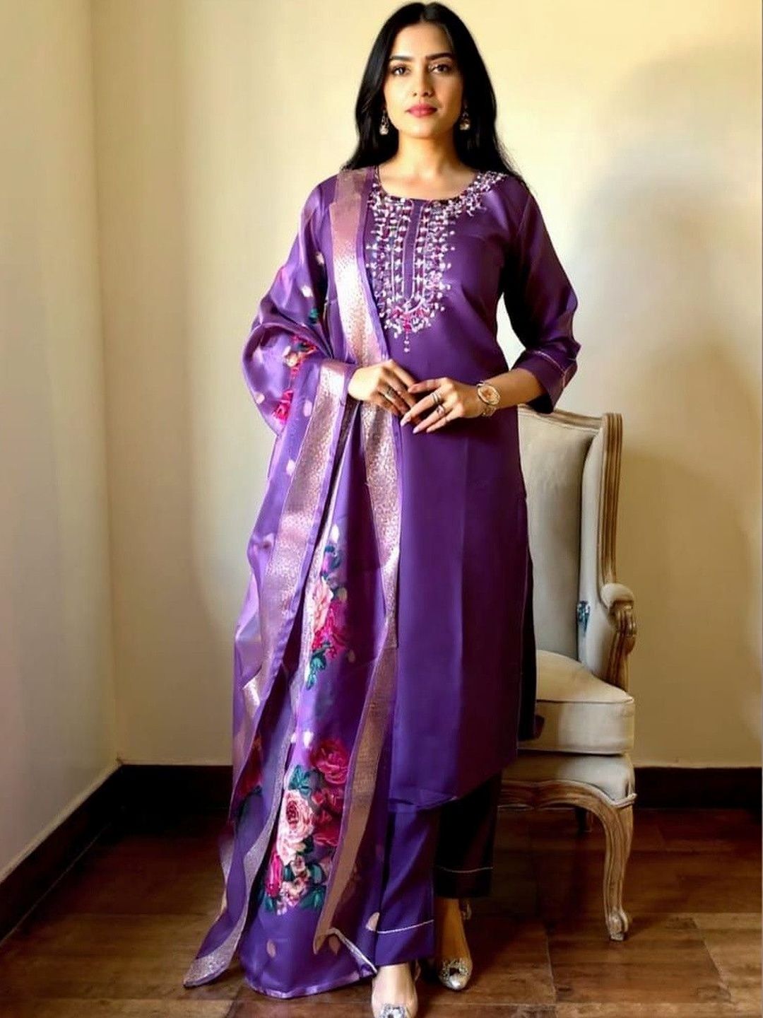 Moda Rapido Floral Embroidered Thread Work Pure Cotton Kurta with Trousers & With Dupatta-picture-26