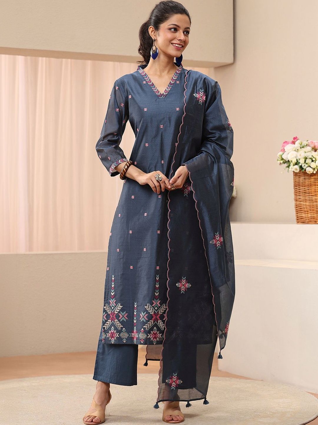Libas Women Embroidered Regular Chanderi Silk Kurta with Palazzos & With Dupatta-image-44