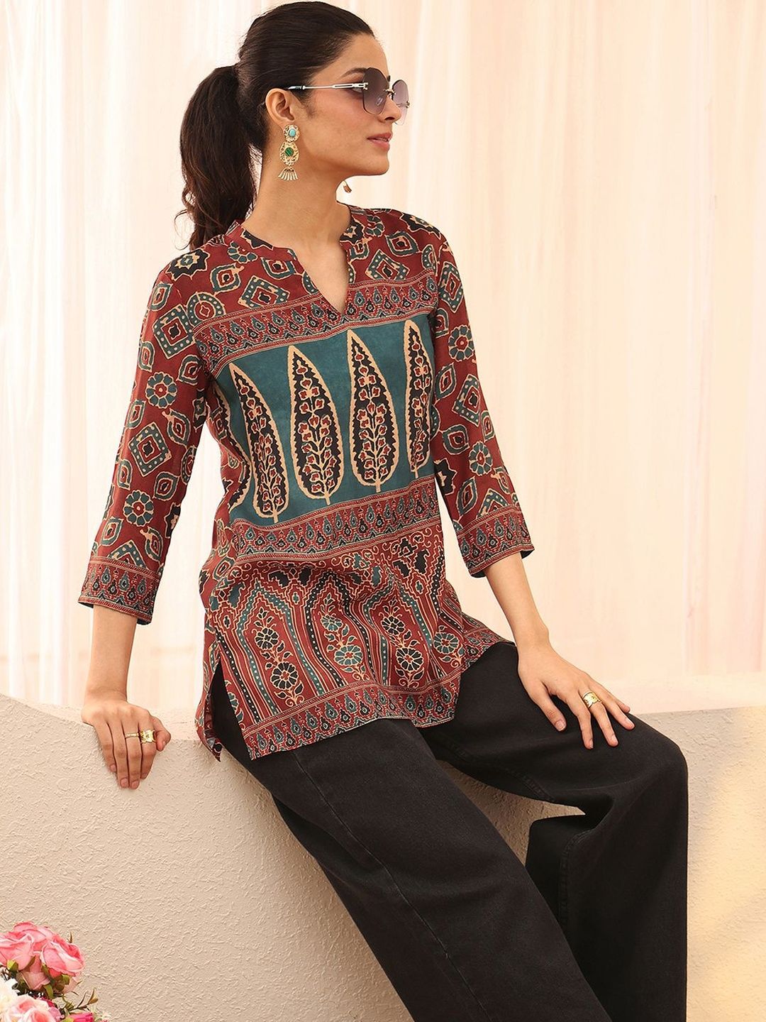 Libas Women Maroon Ethnic Motif Printed Straight Kurti-picture-16