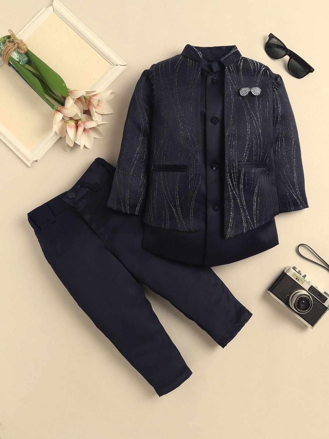 Sangria Boys Mandarin Collar Sherwani Set with Embroidered Jacket-image-21