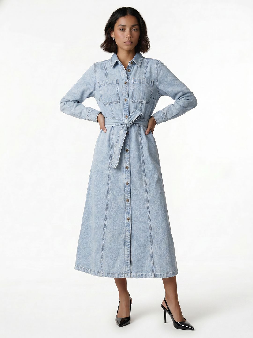 NEXT Belted Denim Shirt Midi Dress-picture-44