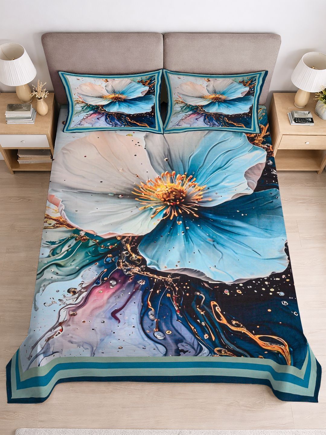 Myntra Elegant Homes Blue Floral Digital Print King Flat Bedsheet With 2 Pillow Covers