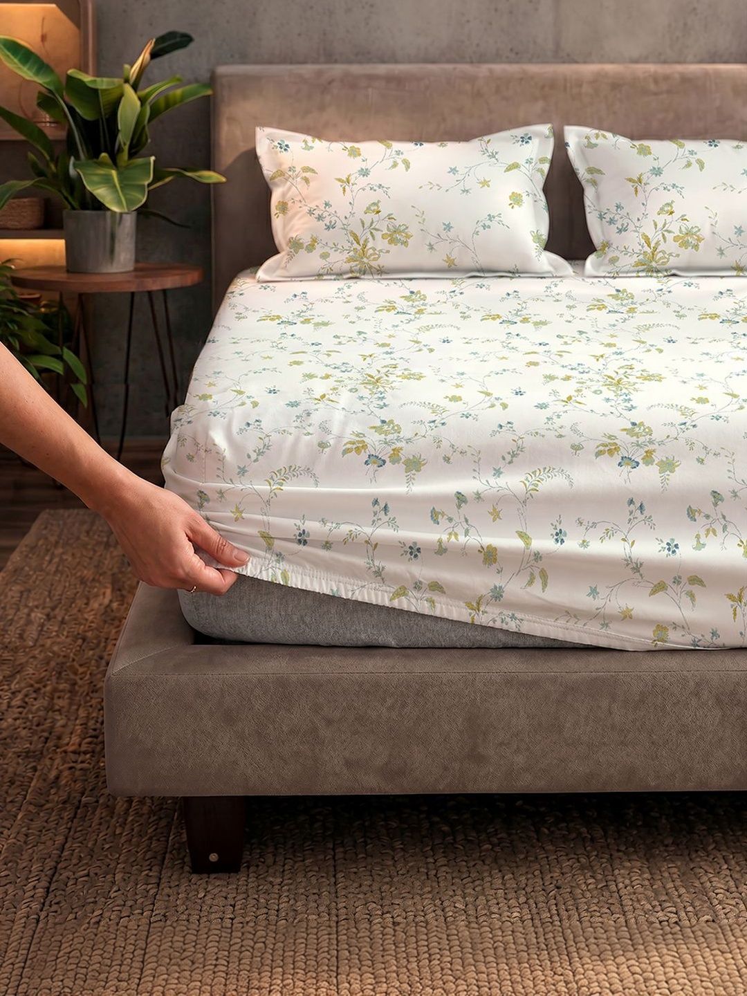 URBAN SPACE Mustard & Green Floral 200 TC King Bedsheet with 2 Pillow Covers-image-26