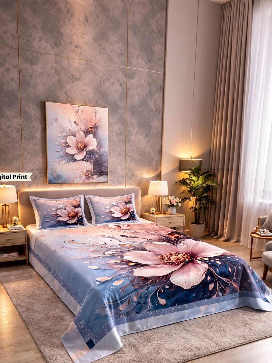 Myntra Elegant Homes Grey Floral Digital Print King Flat Bedsheet With 2 Pillow Covers