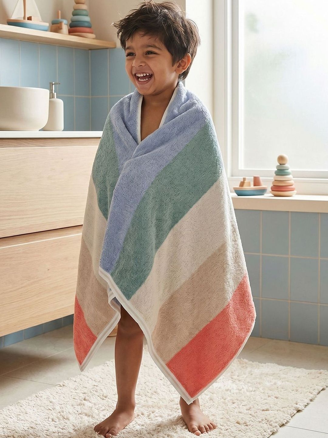 MYTRIDENT Multicoloured & Peach-Coloured 1 Striped Cotton 550 GSM Bath Towel-picture-50