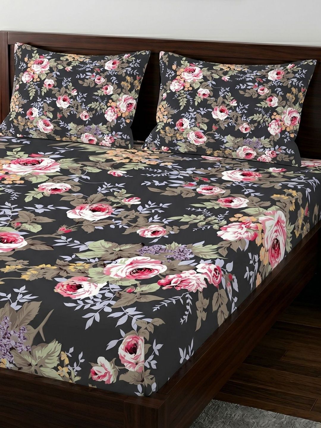 Chhavi India Black & Pink Floral 210 TC Bedsheet with 2 Pillow